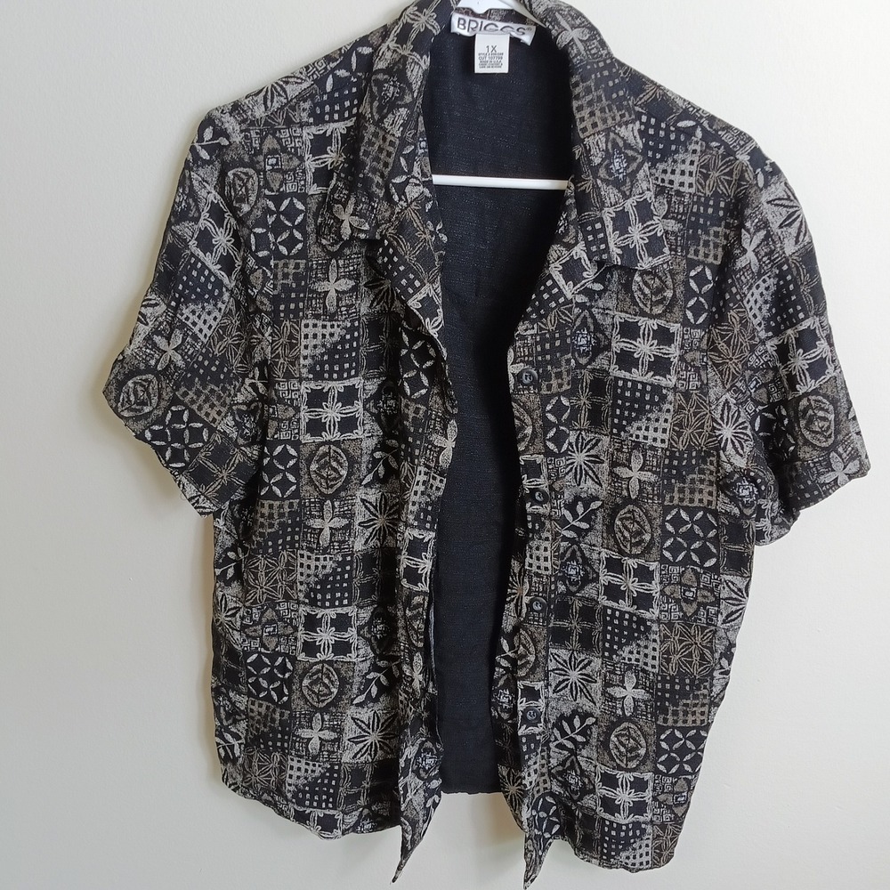 Briggs Button Up Shirt Womens 1X Black Grey Patchwork Excellent Vintage 90s Top